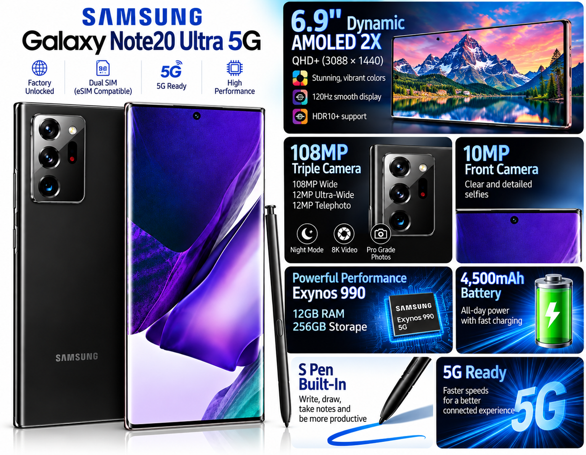 Samsung Note20 Ultra 5G retail box showing black phone and S Pen highlights