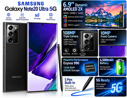Samsung Note20 Ultra 5G retail box showing black phone and S Pen highlights