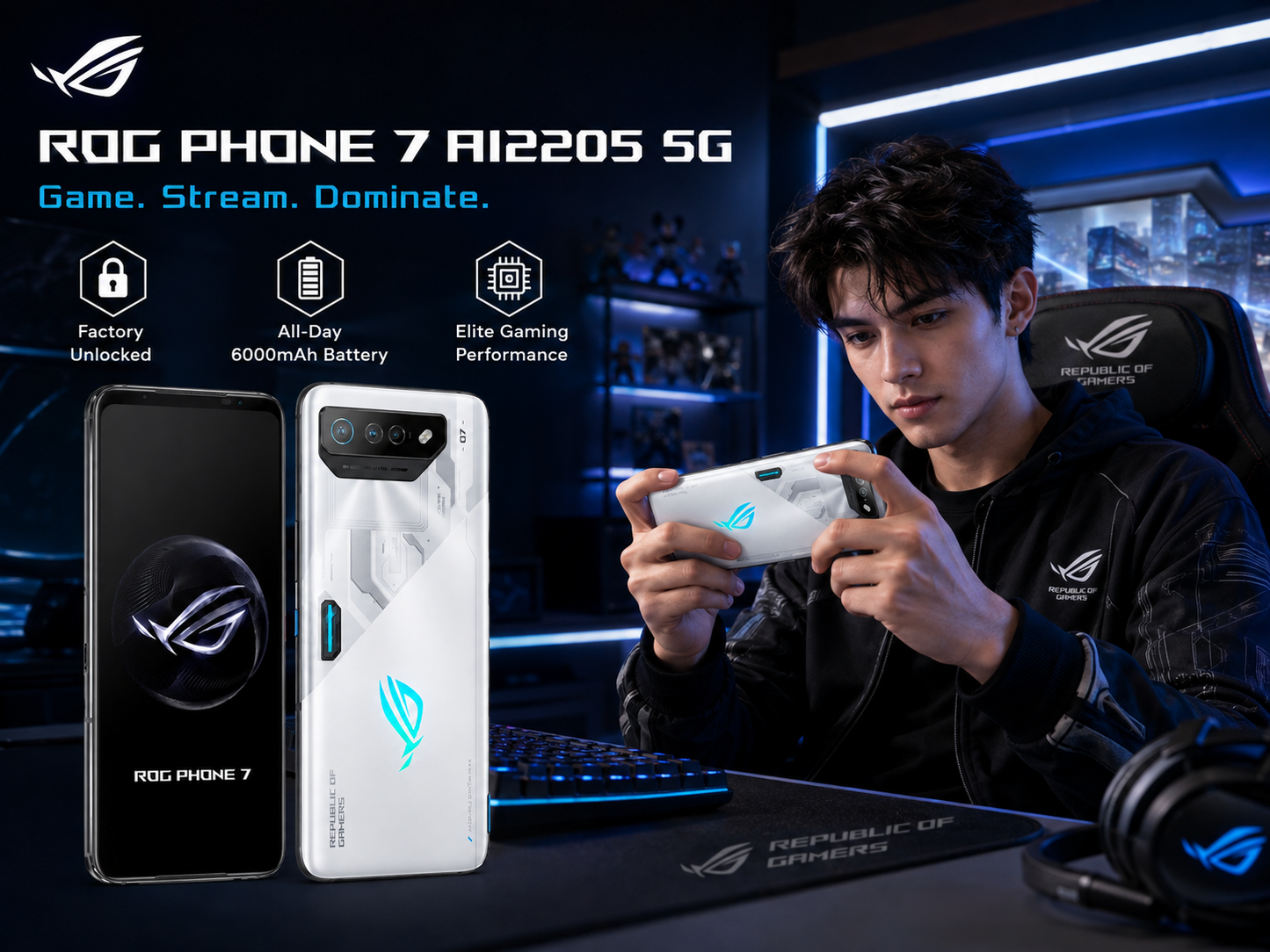 ROG Phone 7 5G smartphone, white back and black front with rear camera module visible