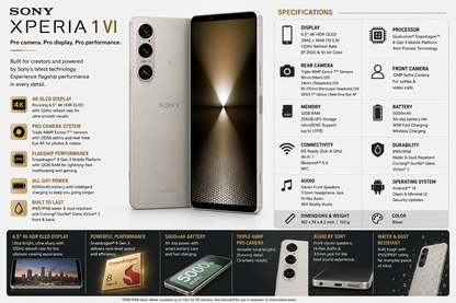 Silver Sony Xperia 1 VI smartphone front display and back triple-camera design