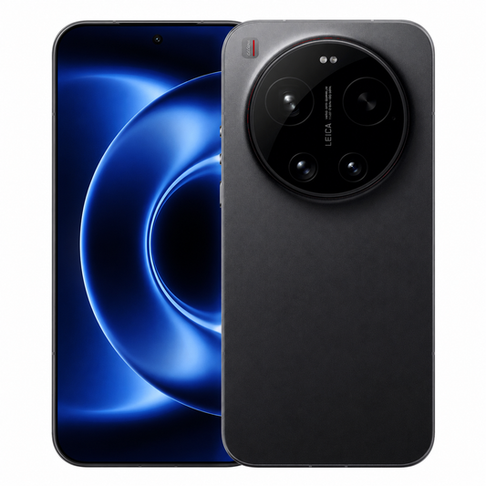 Black smartphone front and back view with prominent multi-lens rear camera module.