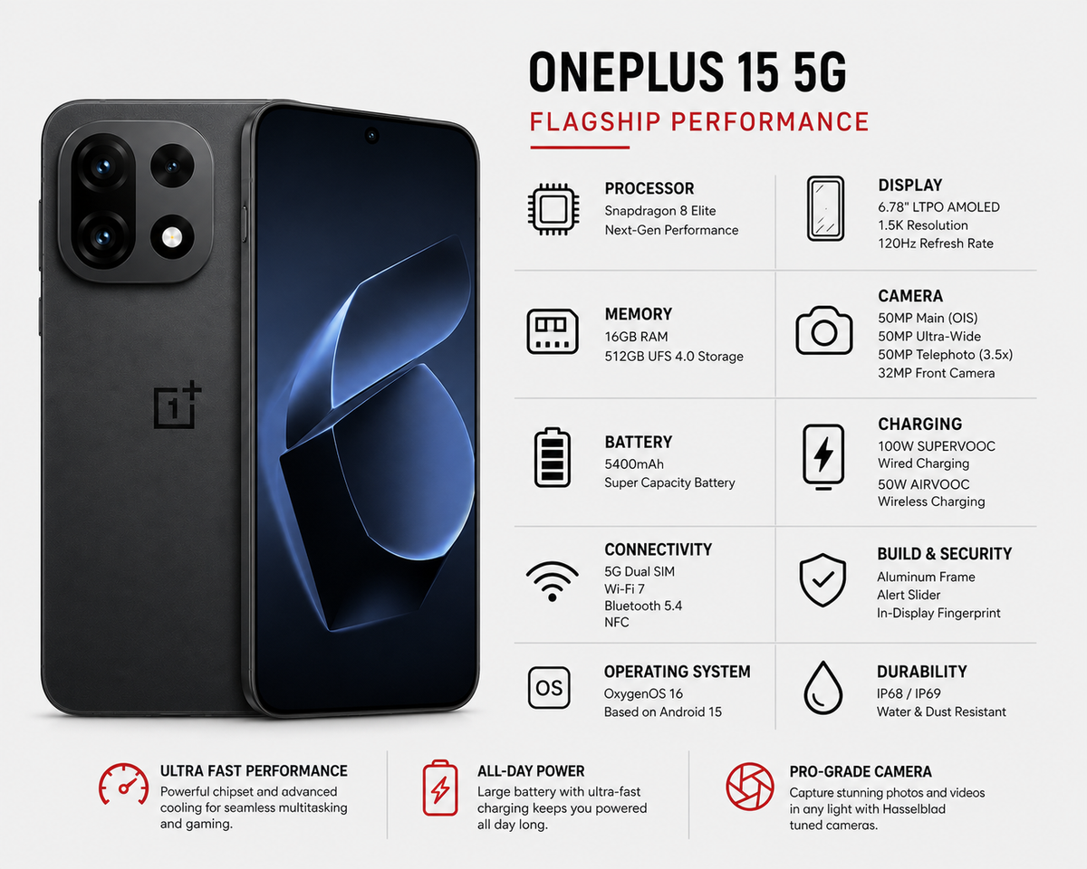 OnePlus 15 5G  Black smartphone front and back with visible camera module