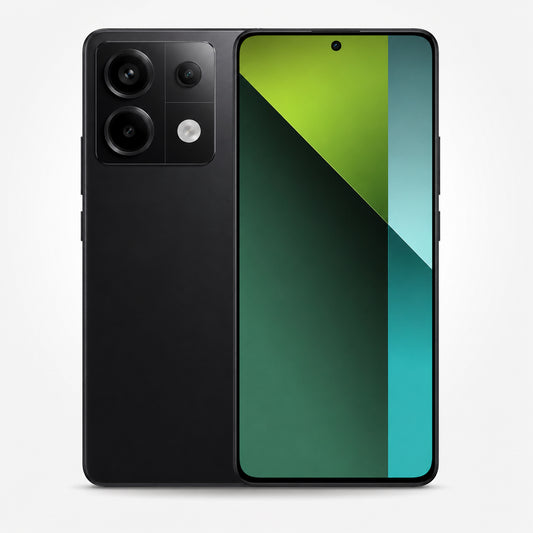 Front and back smartphone: black quad-camera rear with green gradient display.