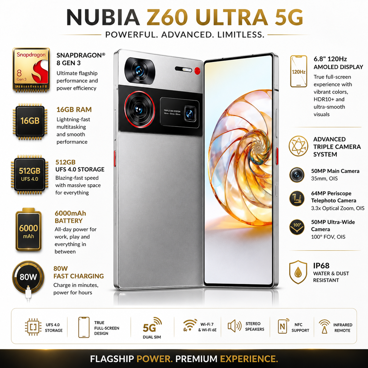 nubia Z60 Ultra 5G  Silver Nubia smartphone front and back, showing triple camera array and large display.