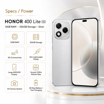Grey Honor 400 Lite 5G phone with front screen and triple-lens rear camera
