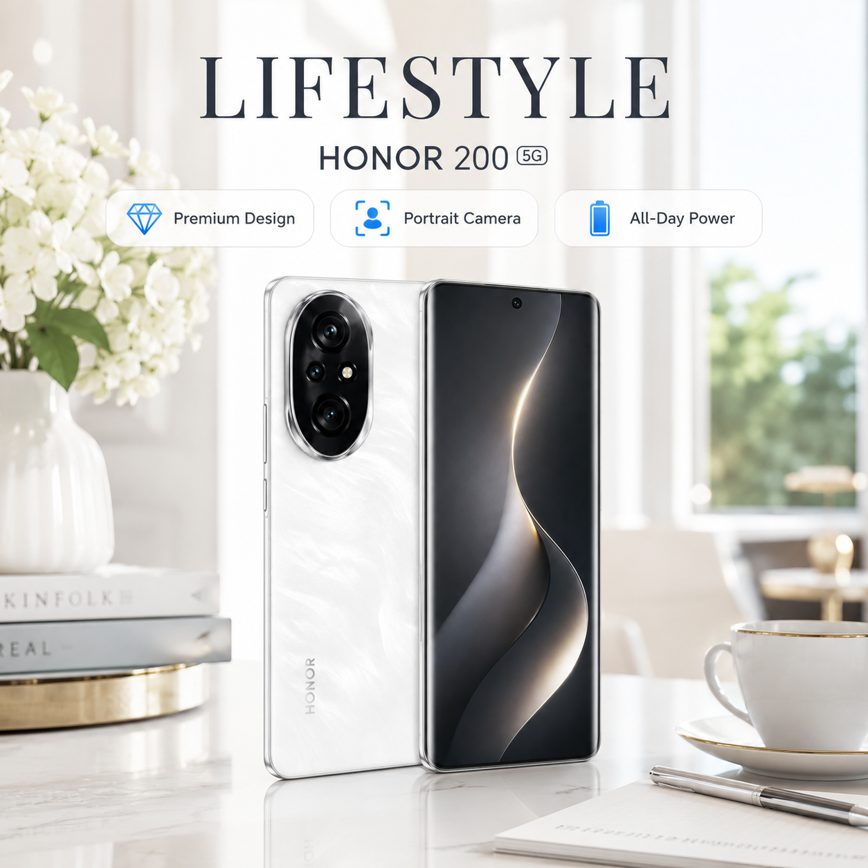 White smartphone standing with front black screen and rear triple camera