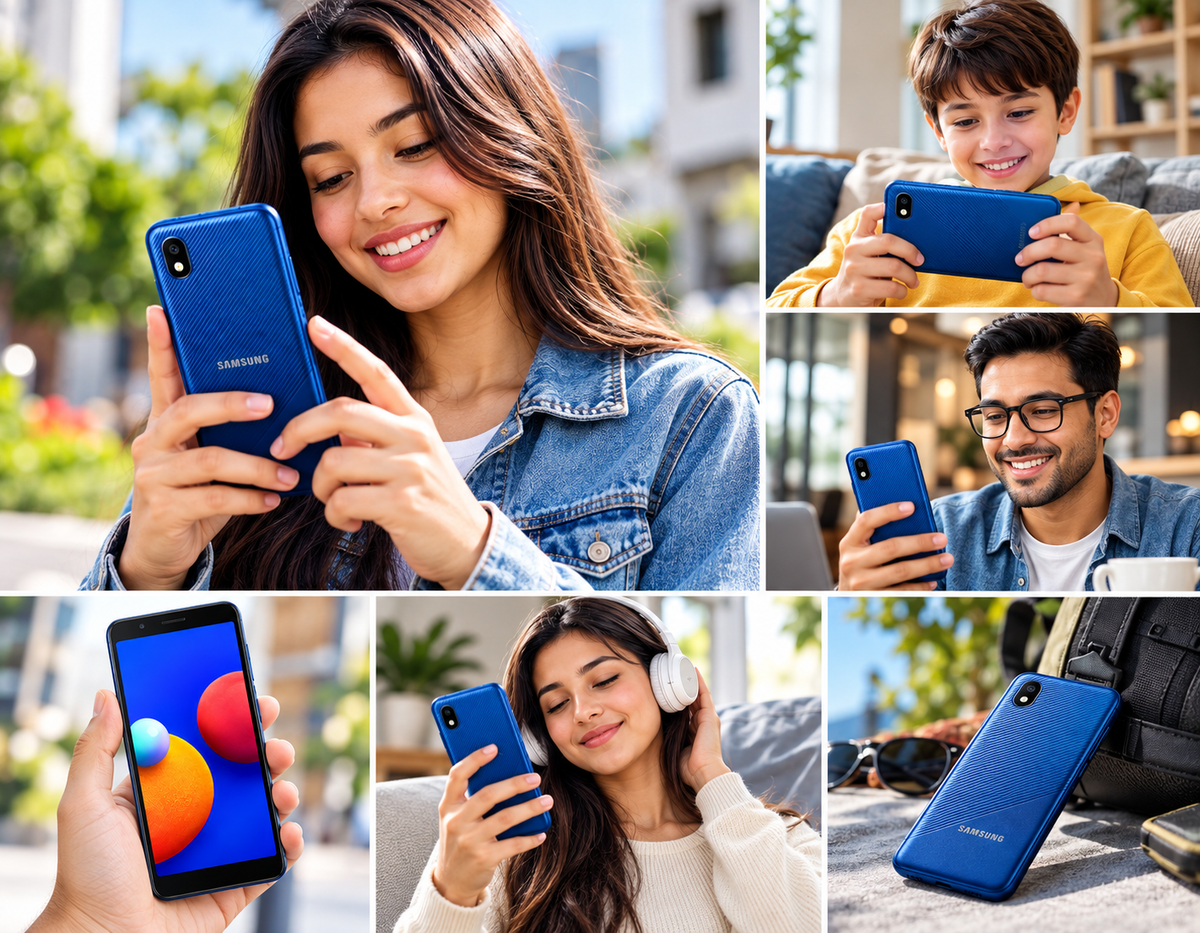 Samsung Galaxy A01 Core Blue Samsung smartphone held by people, front screen and back camera shown