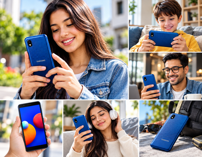 Samsung Galaxy A01 Core Blue Samsung smartphone held by people, front screen and back camera shown