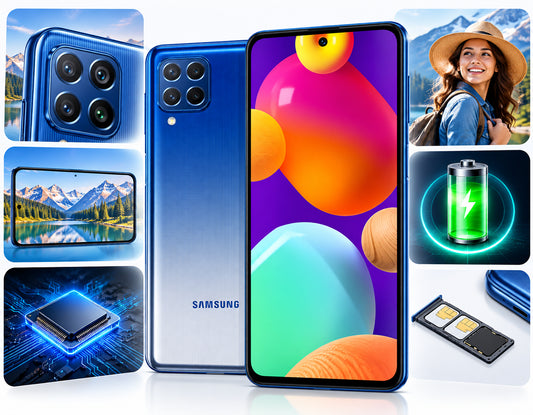 Blue Samsung Galaxy M62 smartphone with front display, back camera, and accessory tray