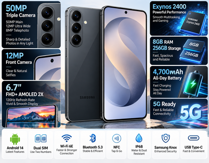 Samsung Galaxy S26 FE 5G smartphone with feature panels, front and back views