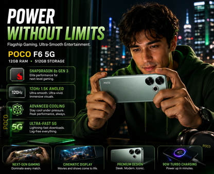 Green Xiaomi POCO F6 5G smartphone held in hands, back and screen visible