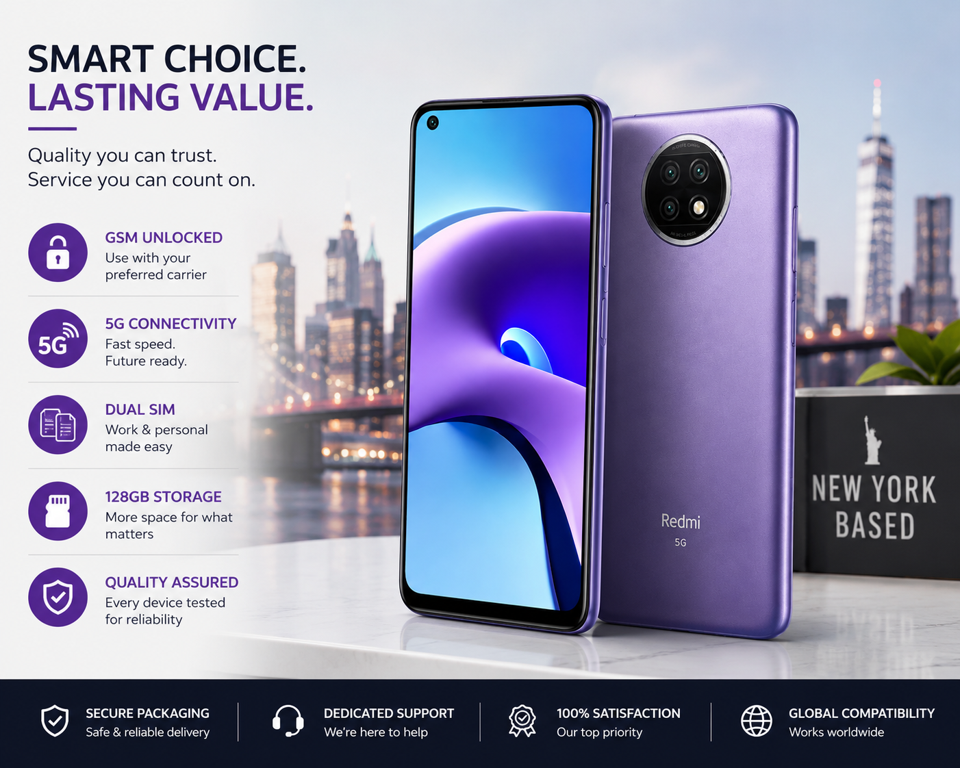 Xiaomi Redmi Note 9T Purple smartphone with front display and dual rear camera module, unlocked.