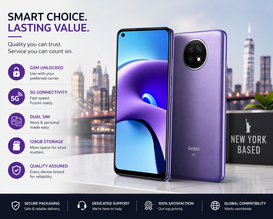 Xiaomi Redmi Note 9T Purple smartphone with front display and dual rear camera module, unlocked.