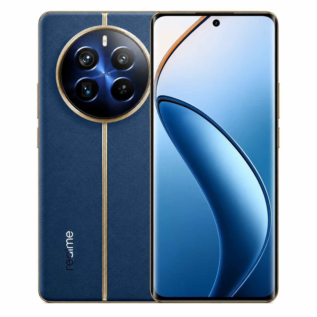realme 12 Pro+ 5G smartphone, blue back with gold strip and dual camera module