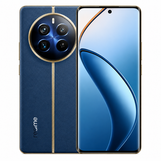 realme 12 Pro+ 5G smartphone, blue back with gold strip and dual camera module