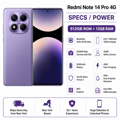Xiaomi Redmi Note 14 Pro 4G 512GB ROM 12GB RAM Dual SIM GSM Unlocked - Aurora Purple
