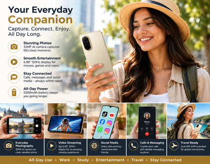 Xiaomi Redmi A5 4G Gold smartphone held in hand with dual-camera back visible