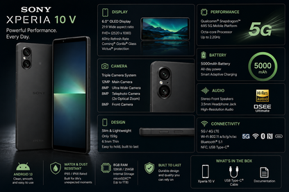 Sony Xperia 5 V 5G Black Sony Xperia smartphone with 5G and camera spec callouts