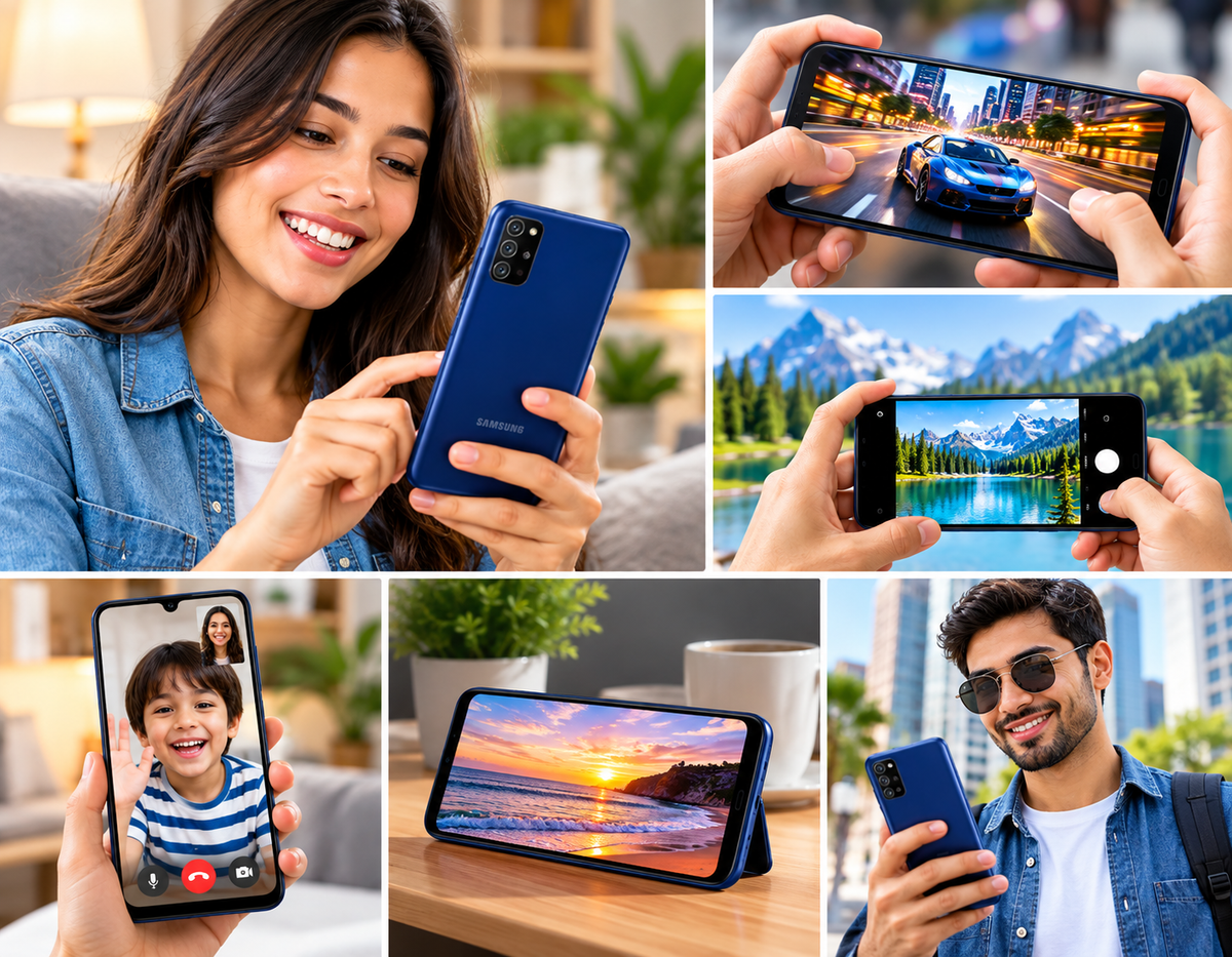 Samsung Galaxy M21  Blue Samsung Galaxy smartphone in hands, front screen visible close-up