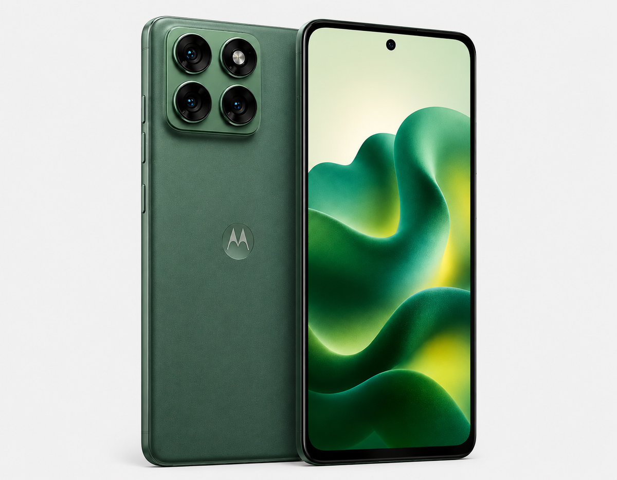 Motorola Moto Edge 70 Fusion 5G Green Motorola smartphone showing back quad cameras and front screen, side-by-side