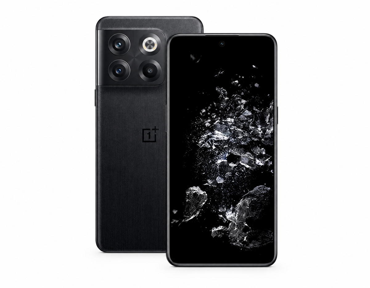 Black OnePlus 10T 5G smartphone showing front screen and rear triple camera