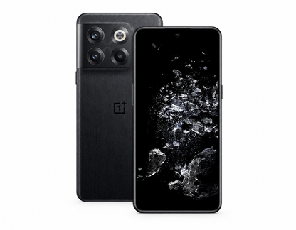 Black OnePlus 10T 5G smartphone showing front screen and rear triple camera