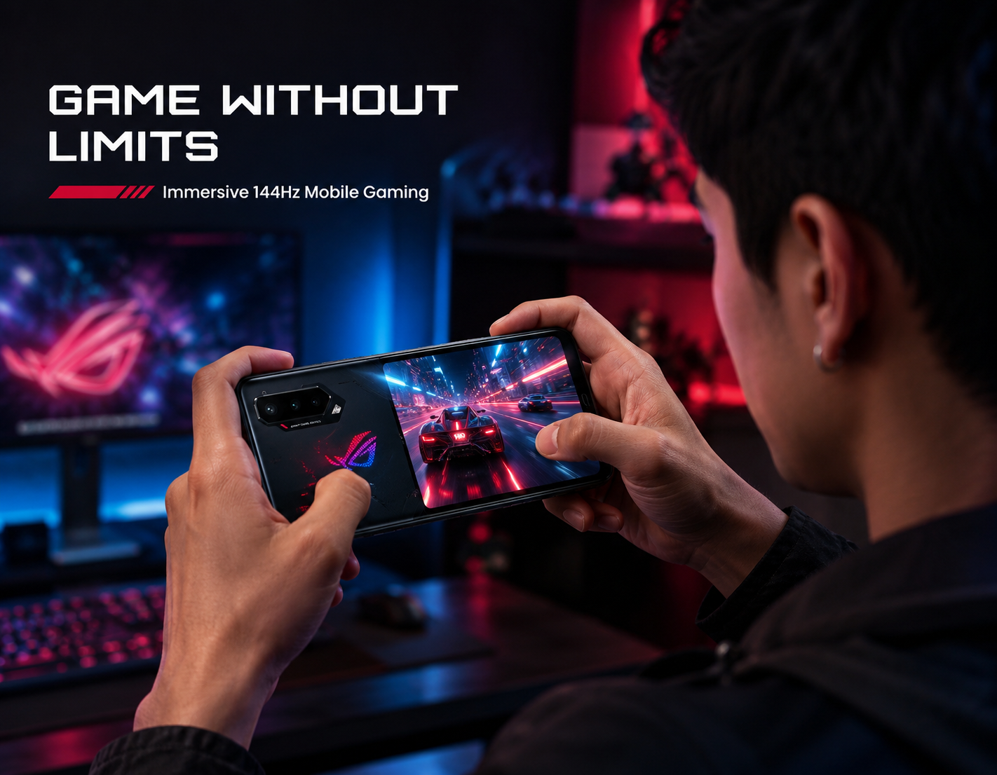 Asus ROG Phone 5 Phantom Black 5G gaming phone held in hands, screen showing colorful game graphics