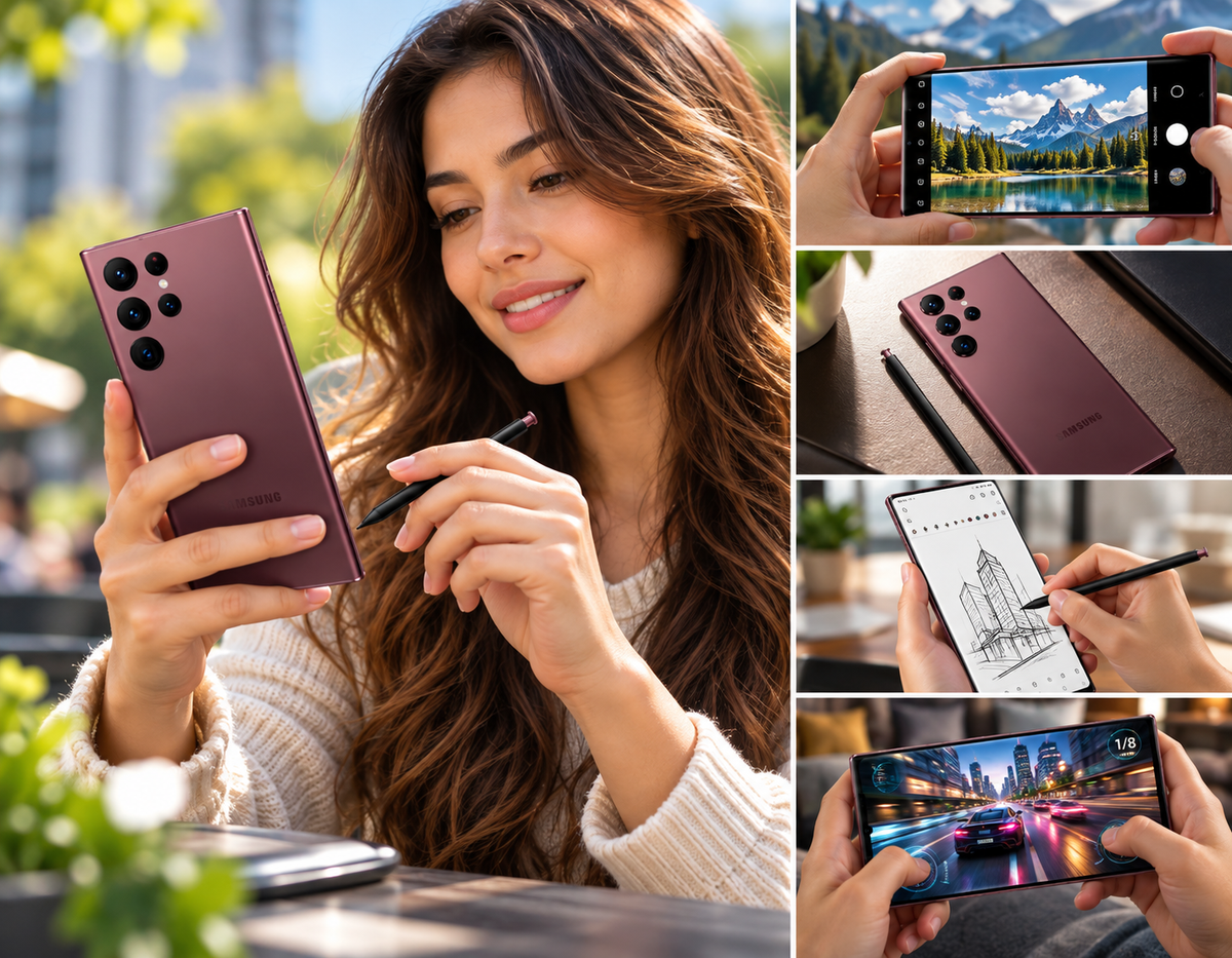 Samsung Galaxy S22 Ultra Burgundy Samsung Ultra smartphone shown in hand with mountain photo on the screen.