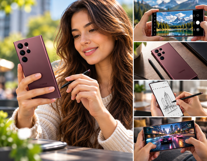 Samsung Galaxy S22 Ultra Burgundy Samsung Ultra smartphone shown in hand with mountain photo on the screen.