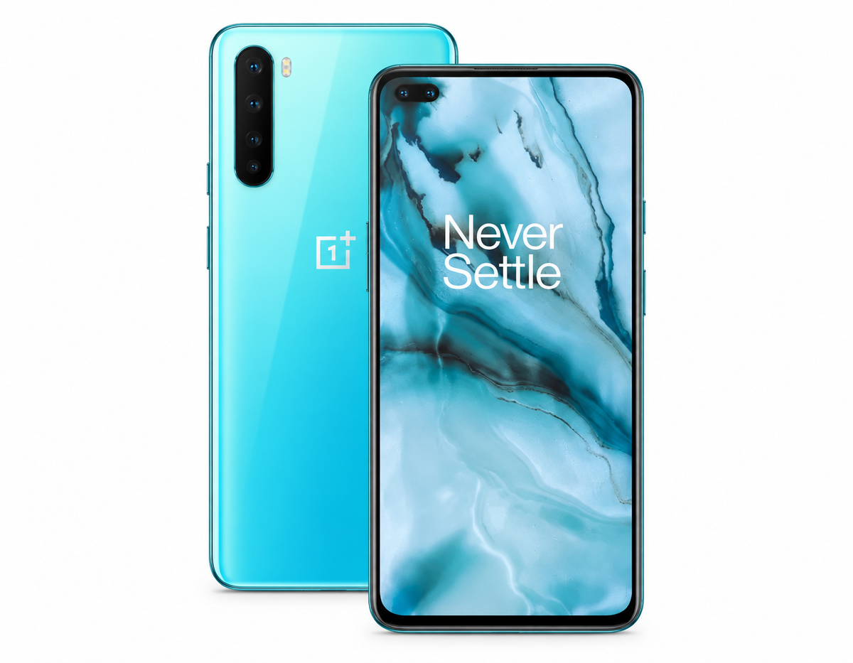 OnePlus Nord 5G phone with light blue front display and teal back, rear camera