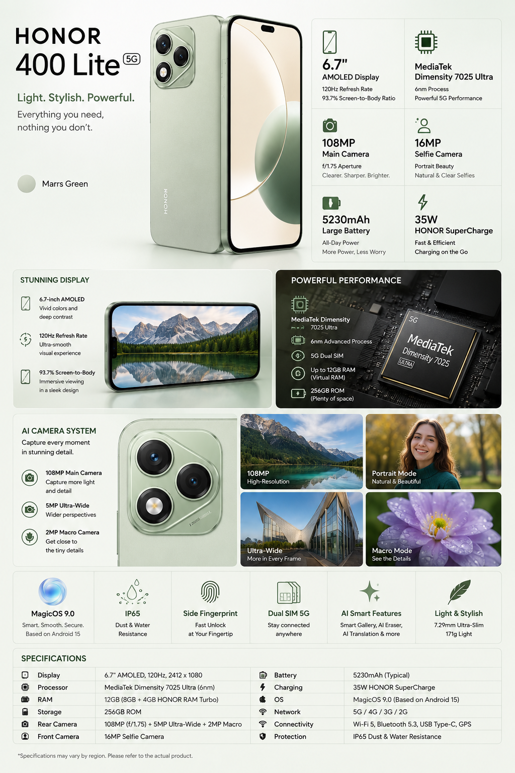 Green Honor 400 Lite smartphone with large display and triple rear cameras