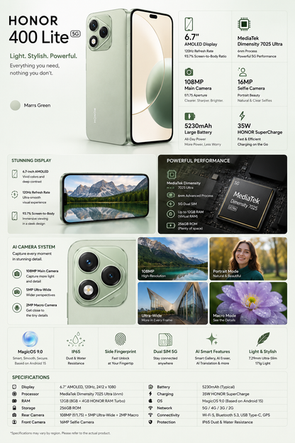 Green Honor 400 Lite smartphone with large display and triple rear cameras