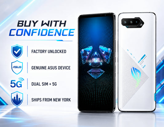 White ASUS ROG Phone 5s smartphone, front and back views side by side