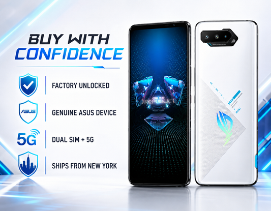 White ASUS ROG Phone 5s smartphone, front and back views side by side