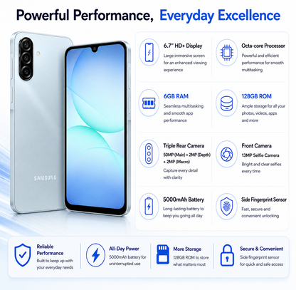 Samsung Galaxy A17 4G  Gray smartphone showing front and back views, triple rear cameras and side fingerprint sensor