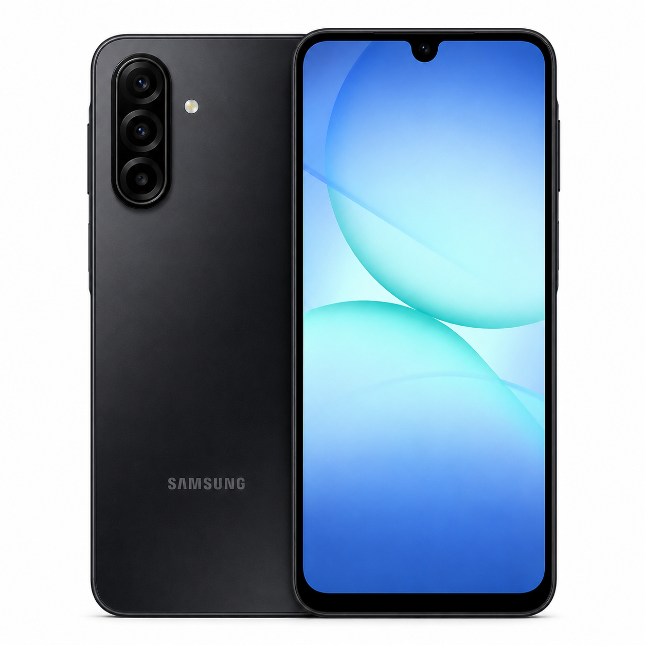 Black Samsung Galaxy A17 phone, front and back shown with triple camera