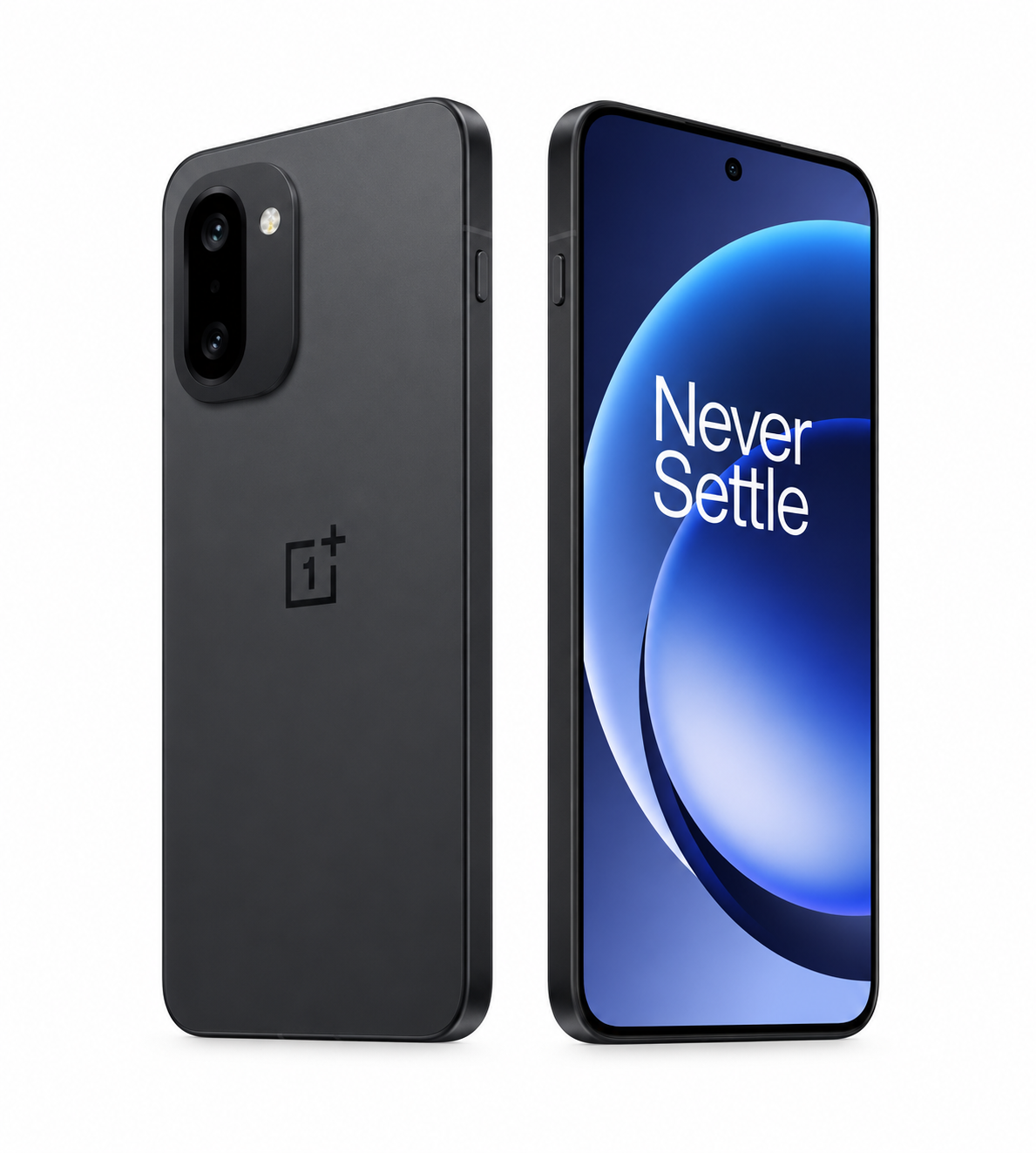 OnePlus 15R 5G Charcoal black smartphone back and front with blue gradient display