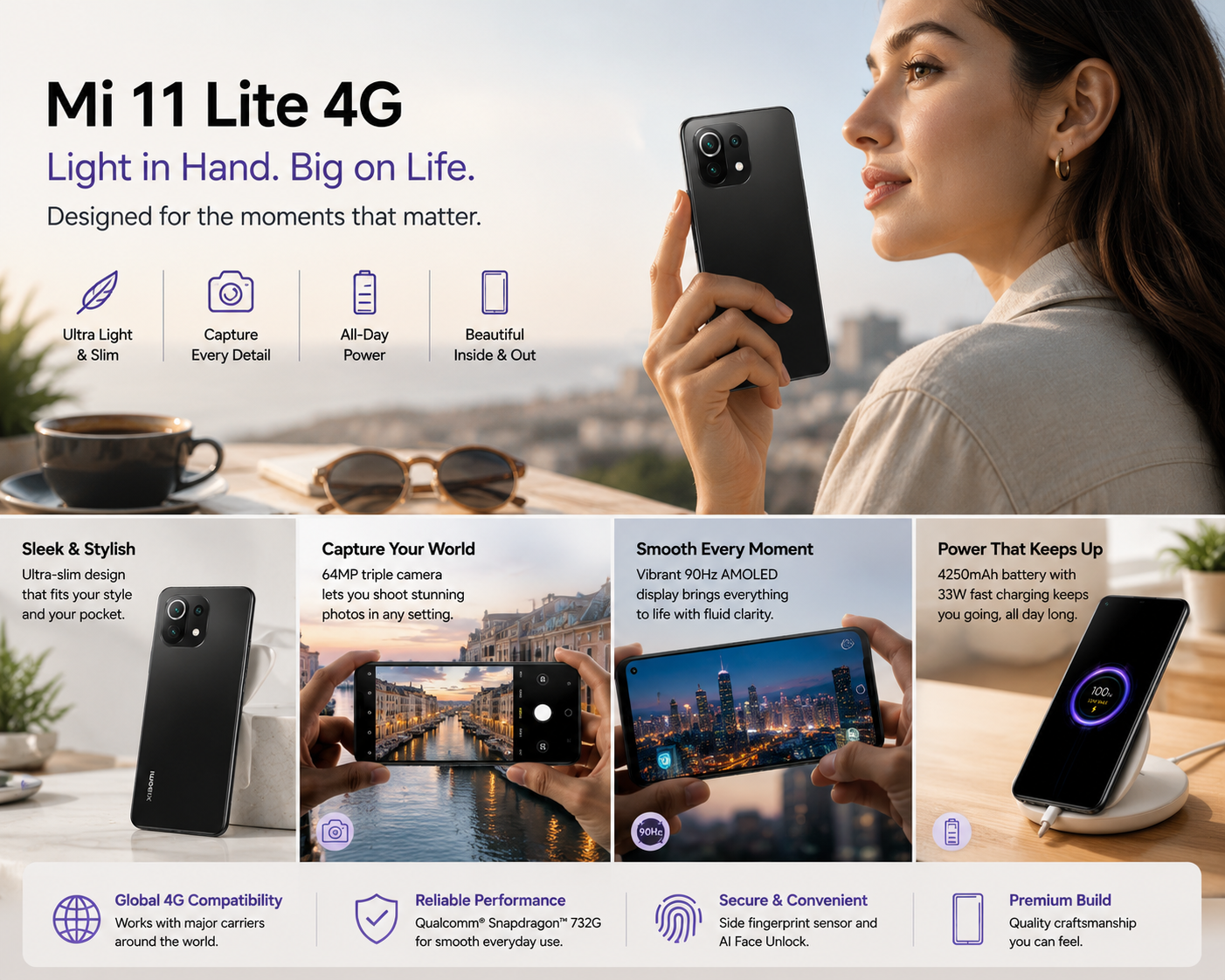 Xiaomi Mi 11 Lite 4G 128GB, 6GB RAM, Dual SIM LTE GSM Unlocked - Boba Black