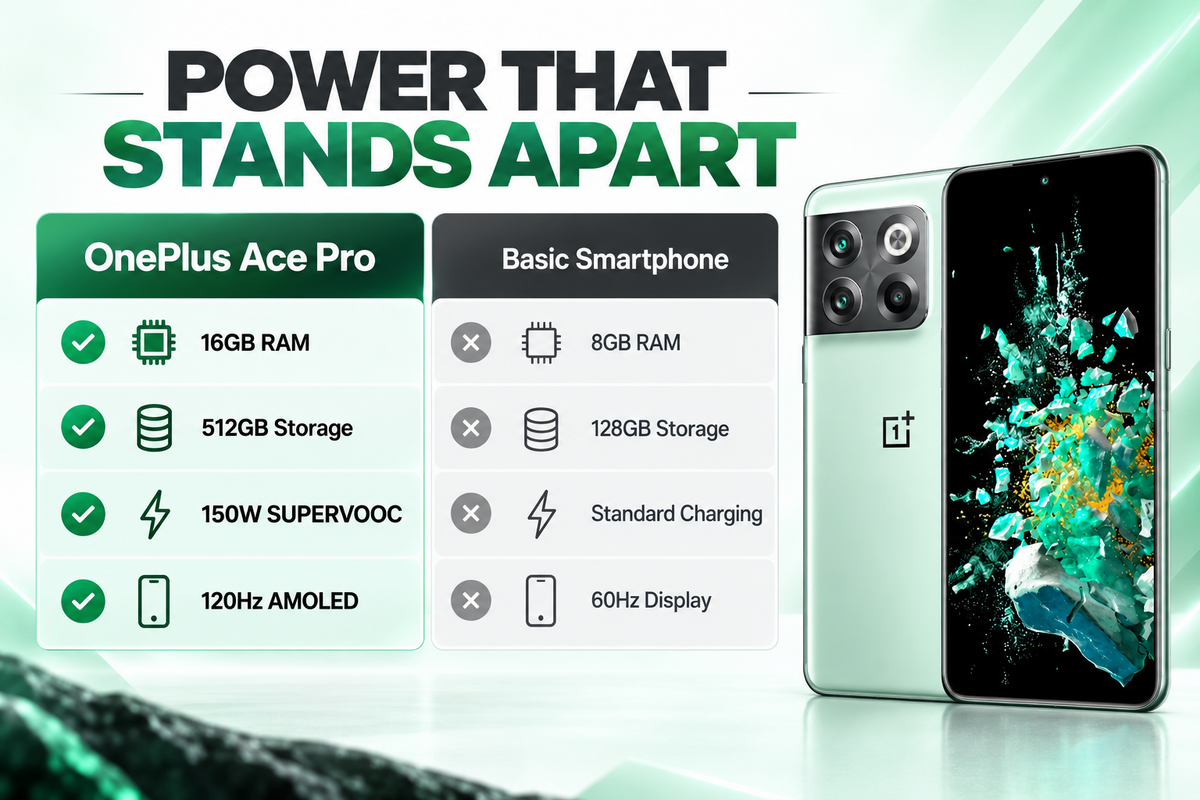 OnePlus Ace Pro 10T Jade Green smartphone with front display and rear triple camera design