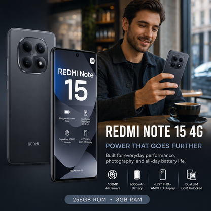 Xiaomi Redmi Note 15 4G black smartphone with front display and quad rear camera, held in hand
