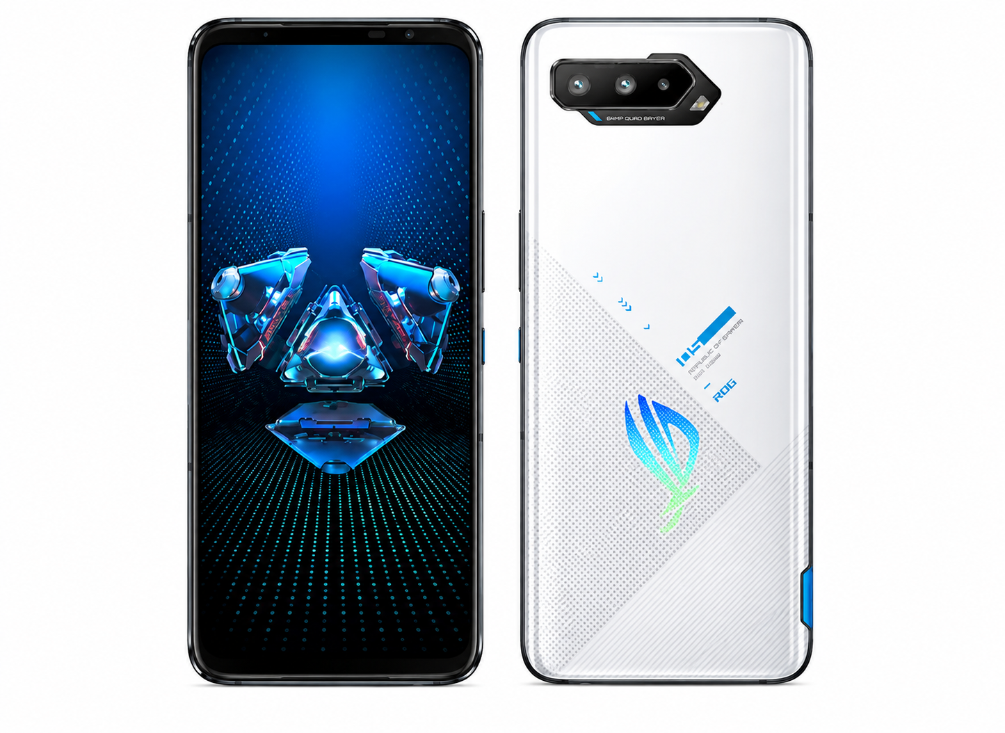 White ASUS ROG Phone 5s smartphone with black display, front and back views