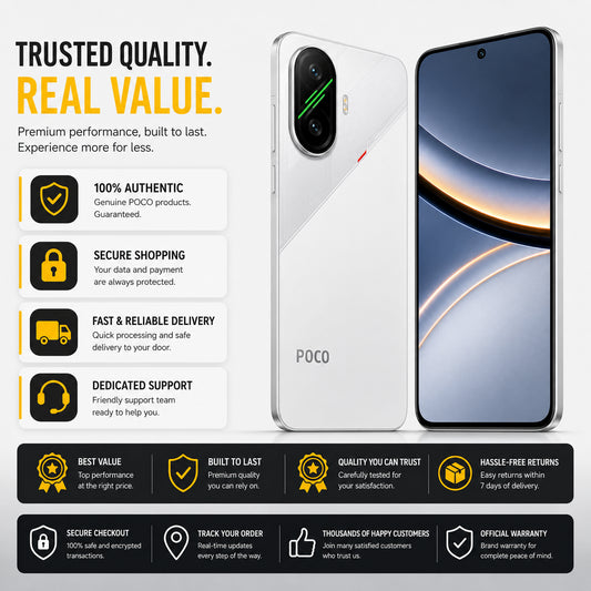 Xiaomi Poco F7 5G White smartphone with dual rear cameras and front screen, shown beside another phone