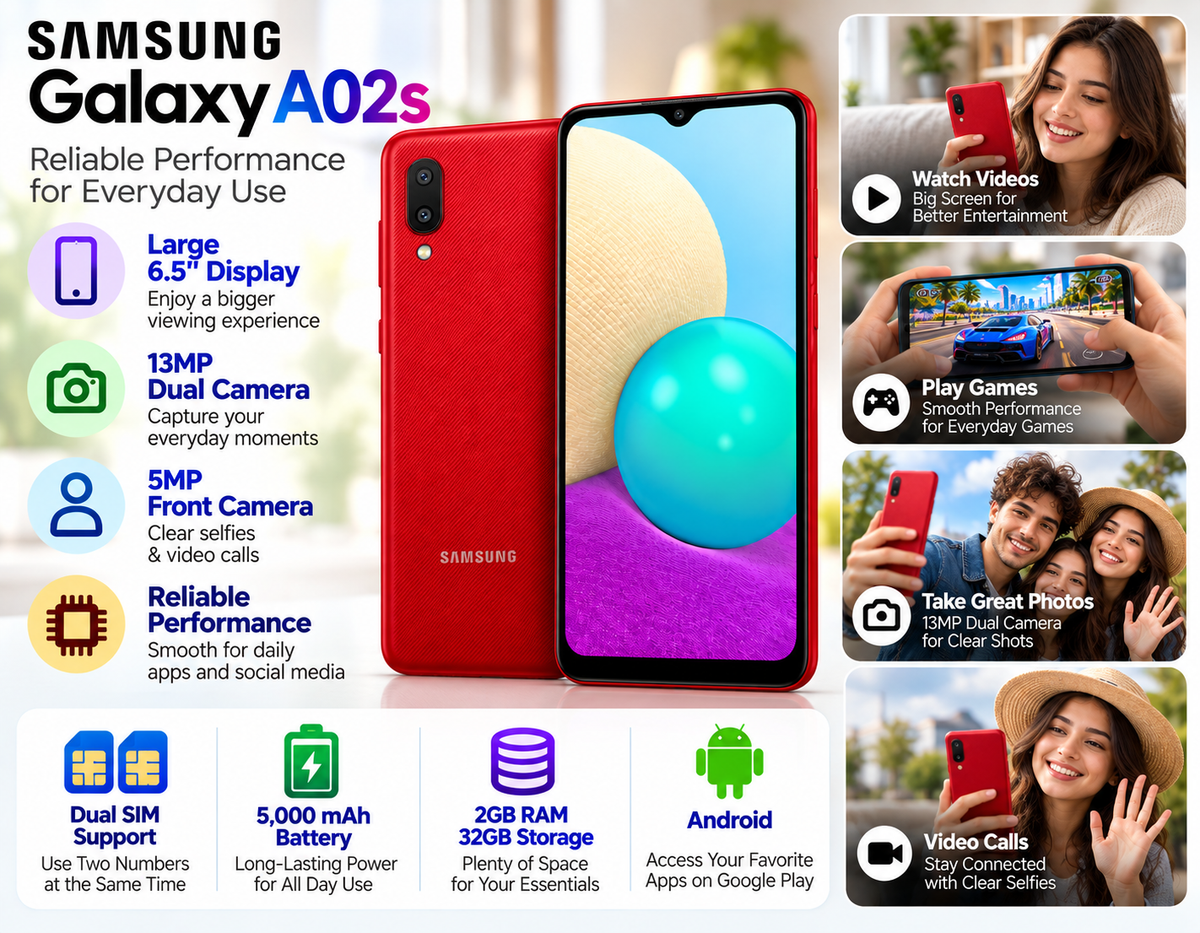 Samsung Galaxy A02 A022G/DS Dual Sim LTE 32GB, 2GB RAM GSM Unlocked - Red