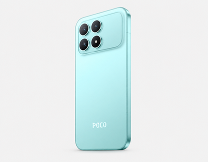 Blue Poco F8 Pro smartphone back angle with quad camera module