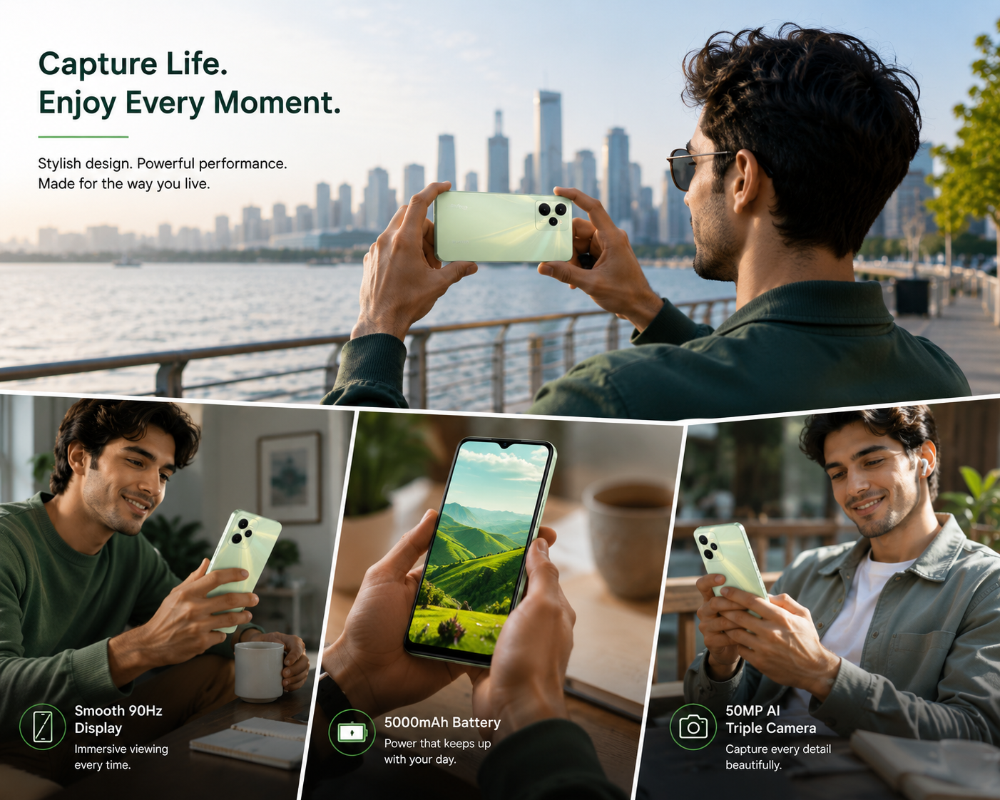 Realme GT Master Edition 5G Man holding a glowing green smartphone outdoors while taking a photo