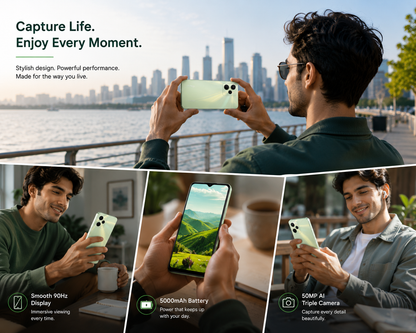 Realme GT Master Edition 5G Man holding a glowing green smartphone outdoors while taking a photo