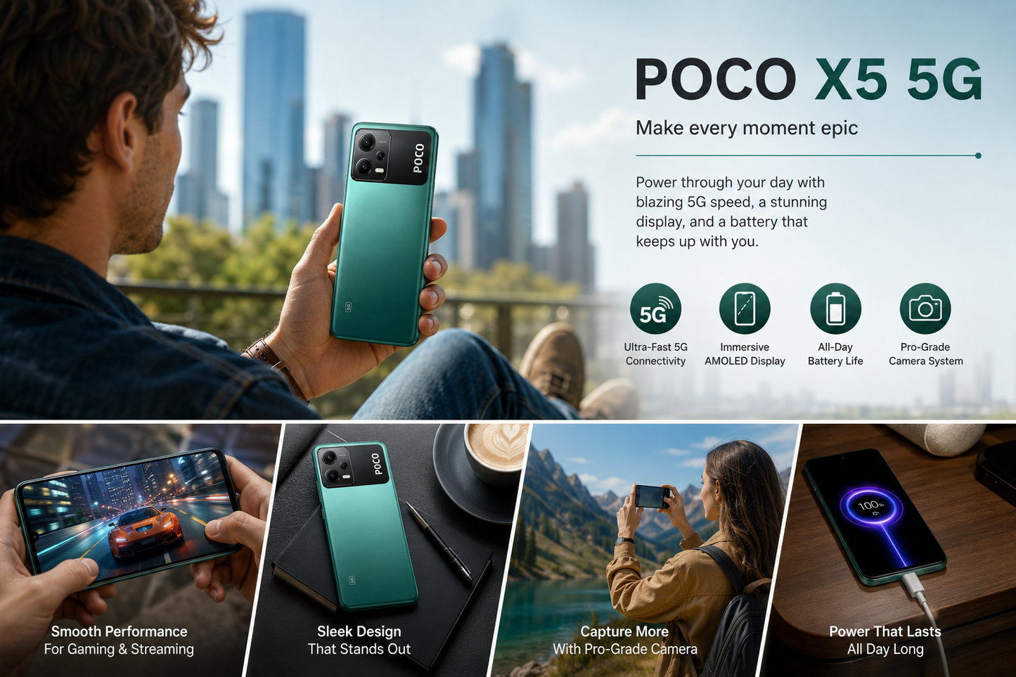 Xiaomi Poco X5 5G, Dual SIM, 256GB ROM 8GB RAM GSM Unlocked - Green