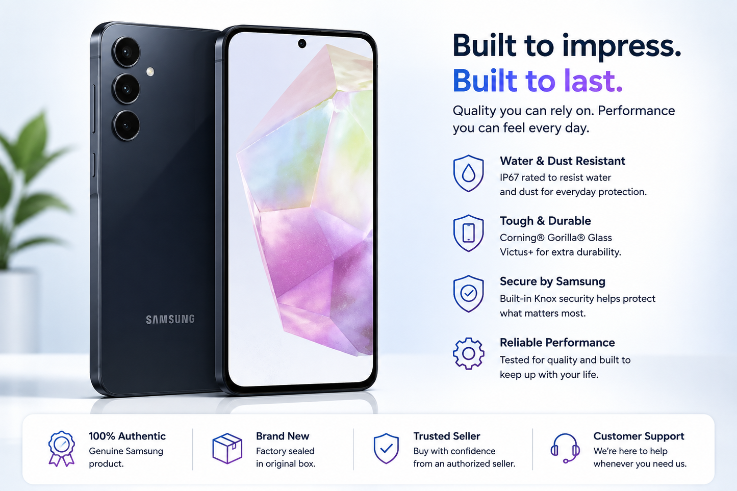Samsung Galaxy A35 Smartphone front and back beside durability icons on a product feature panel