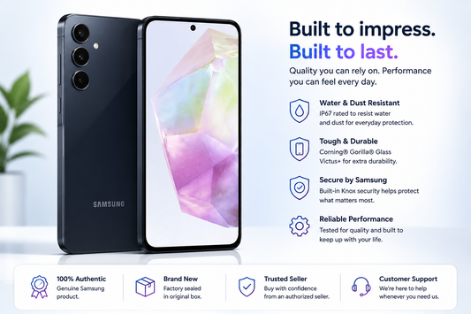Samsung Galaxy A35 Smartphone front and back beside durability icons on a product feature panel