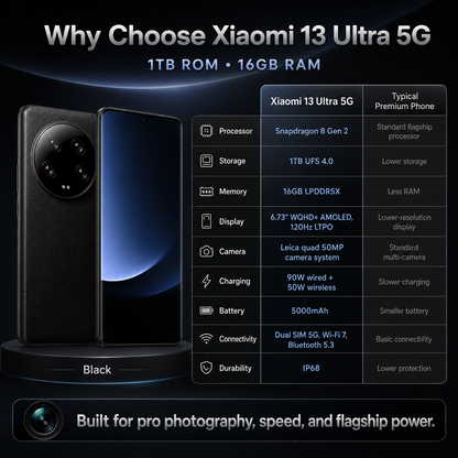 Xiaomi Mi 13 Ultra 5G 1TBGB ROM 16GB RAM Dual SIM GSM Unlocked - Black